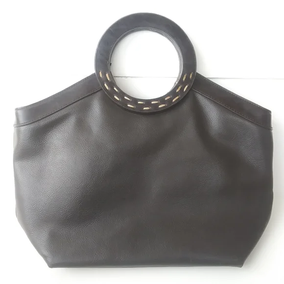 Vintage Liz Claiborne Crazy Horse Round Handle Faux Leather Bag, Dark Brown - Picture 1 of 15